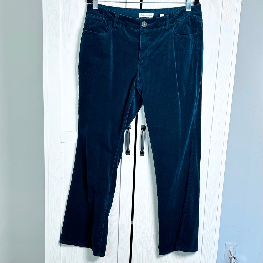 Coldwater Creek Teal‎ Blue Velvet Straight Leg Pants Womens 14P Petite Stretch